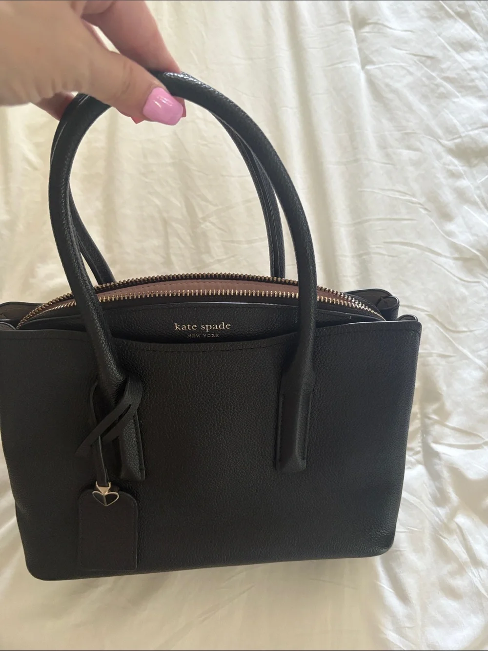 kate spade Black Pebbled Leather Satchel with Heart Charm